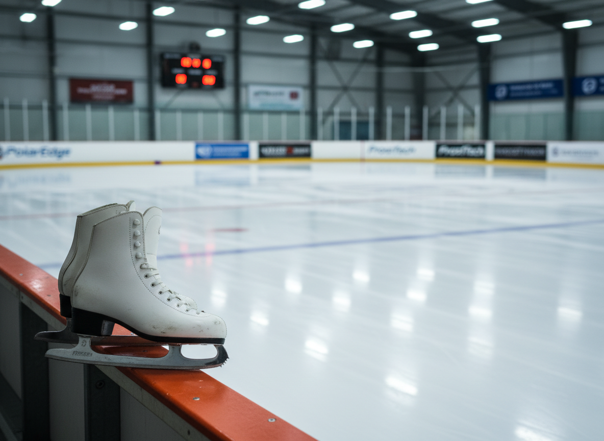 A professional indoor ice rink captured in photographic realism, with a perfectly smooth, freshly resurfaced ice surface stretching into the distance. Near the foreground, a pair of well-worn figure skating boots with sharp, polished blades rests on the rink boards, their white leather showing subtle creases from dedicated training. Overhead arena lights cast crisp, cool illumination, creating soft reflections and faint blade marks shimmering across the ice. The background shows softly blurred boards, muted rink advertisements, and a distant scoreboard, all out of focus to keep attention on the skates and ice. Shot at eye level with a shallow depth of field, the mood is focused, disciplined, and professional, evoking the anticipation of a serious training session about to begin.