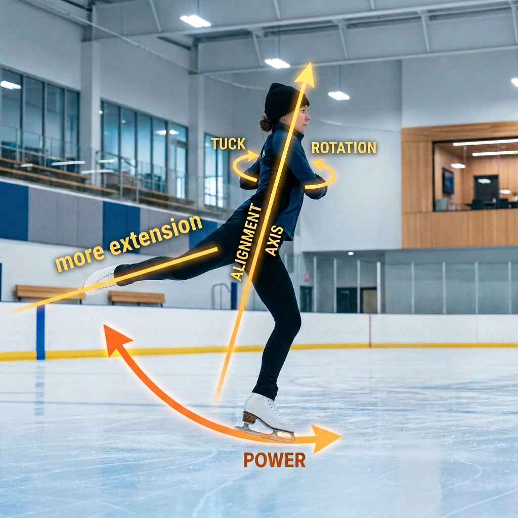 Figure skater demonstrating technique with arrows labeled tuck, rotation, alignment axis, pushed edge, and power