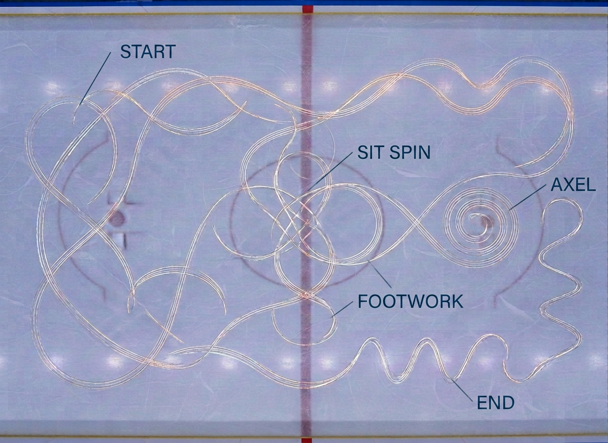 A top-down, photographic realism view of a pristine ice surface divided into labeled training zones, with painted outlines of common figure skating elements represented as abstract icons rather than people. Each zone shows different edge patterns, jump takeoff curves, and spin circles etched subtly into the ice, suggesting structured practice plans. Overhead, bright but diffused arena lighting creates an even, shadow-free surface, making the lines and markings stand out clearly. Around the rink perimeter, neatly arranged cones, sliders, and lightweight training aids add visual interest without clutter. The mood is organized and methodical, evoking a sense of purposeful progression. The composition is symmetrical and diagram-like, ideal for visually representing personalized on-ice practice structures.