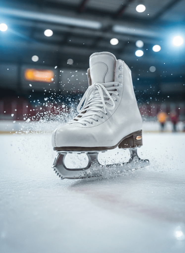 A dynamic close-up, low-angle photographic shot of a single skate blade carving a deep outside edge on immaculate ice, with fine ice shavings spraying outward in crisp detail. The boot itself is depicted as a neutral, unbranded training boot, its laces neatly tied and leather surface slightly matte. The arena background is heavily blurred, with the faint suggestion of boards and distant lights creating soft bokeh. Cool-toned spotlights from above and behind catch the flying ice particles and trace a bright line along the blade’s edge, highlighting precision and control. The composition is tight and dramatic, with strong diagonal lines conveying power, technique, and focus on skating fundamentals critical to expert analysis.