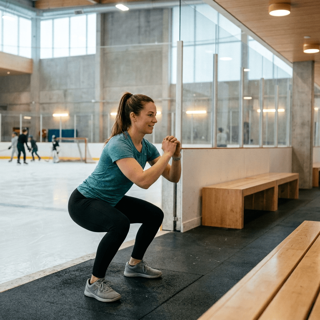 Athlete performing a squat while a coach gives encouragement beside an ice rink