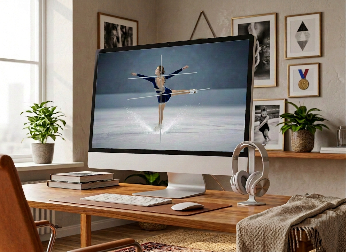 Figure Skating A large, high-resolution computer monitor on a sleek white desk displays a paused figure skating jump in mid-air, the skater’s blurred form replaced by abstract, neutral silhouettes to avoid human depiction. Colored trajectory lines, edge tracings, and angle markers float crisply over the ice, conveying precise technical analysis. Next to the monitor, high-quality headphones and a tablet with handwritten-style correction marks suggest voiceover and written feedback. Soft, diffused daylight from a nearby window brightens the minimalist office space, with cool tones and clean lines. Shot from a three-quarter angle with moderate depth of field, the composition feels modern, analytical, and efficient, emphasizing remote video analysis and expert review in a calm, organized environment.