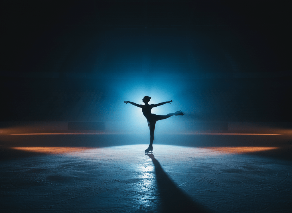 Silhouette of a figure skater gliding across ice in a dark rink with dramatic backlighting, misty atmosphere, cool blue tones with subtle warm glow, cinematic and inspiring, professional sports photography